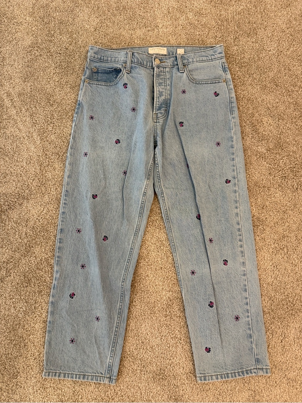 Lucky Brand Light Blue Boyfriend Jeans with Purple Floral Embroidery